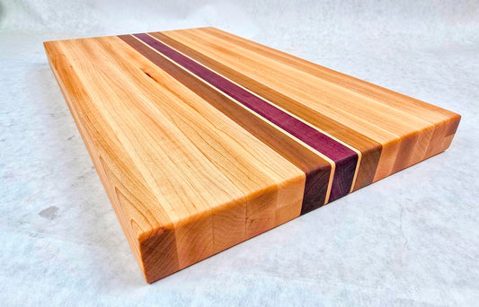 Large Hand Made Artisan Cutting Board - Purple and Walnut Racing Stripes Down Center