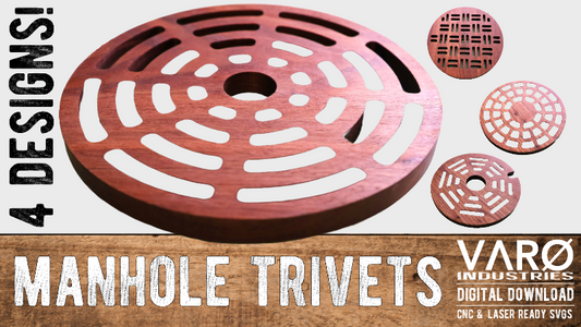 Manhole trivets with various designs on a wooden surface, featuring the brand 'VARO Industries'.